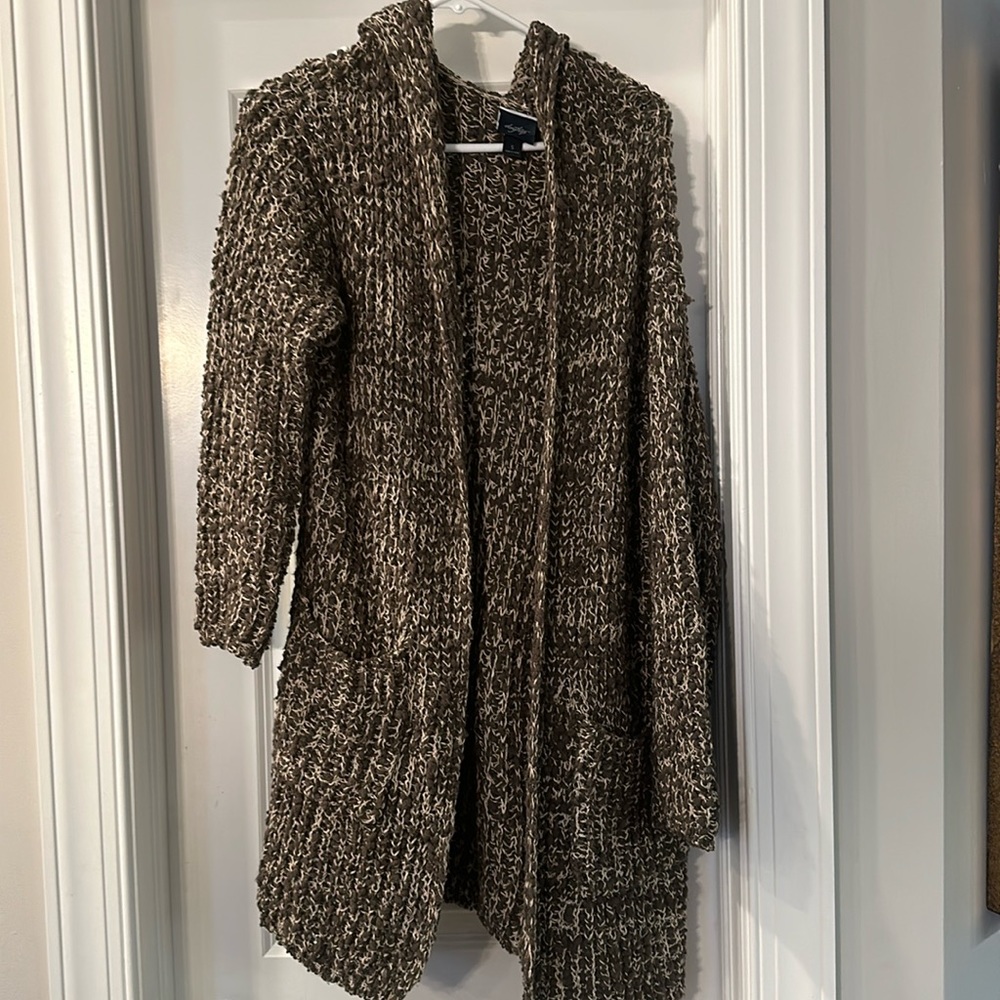 Brown knitted long cardigan sweater with hood and pockets